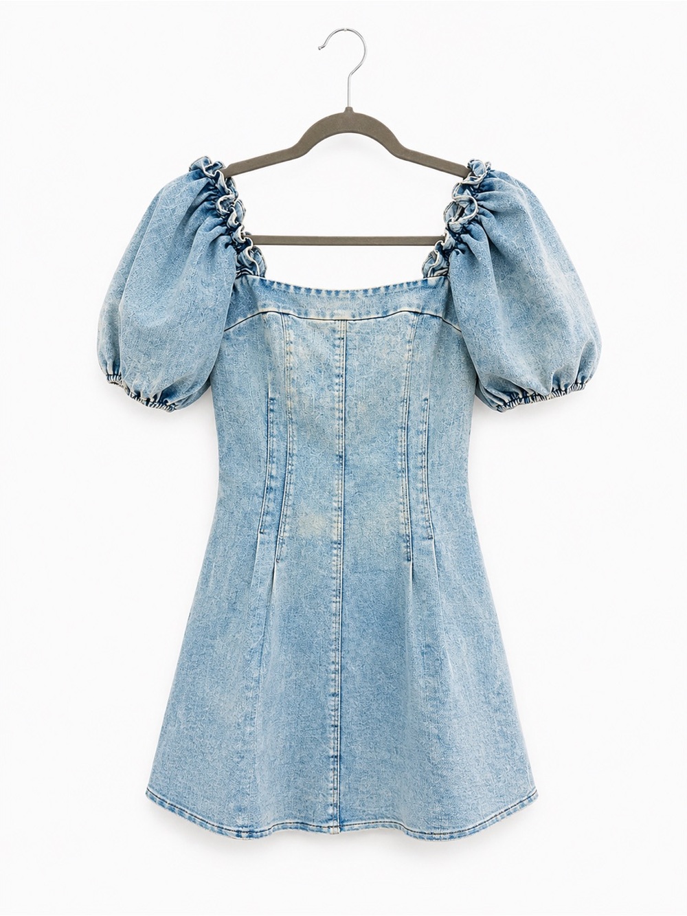 Puff-Sleeve Denim Mini Dress - Light Blue